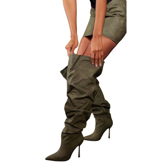 PrettyLittleThing KHAKI WIDE FIT POINT TOE TEXTURED RUCHED OVER THE KNEE SIZE 8 - Picture 2 of 11